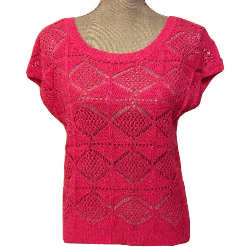 NEW Boy Meets Girl Pink Metallic Short Sleeve Buttoned Back Crochet Sweater M